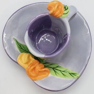 Bella Casa by Ganz Signed Susan Paley Purple Orange Flower Ceramic Cup & Saucer